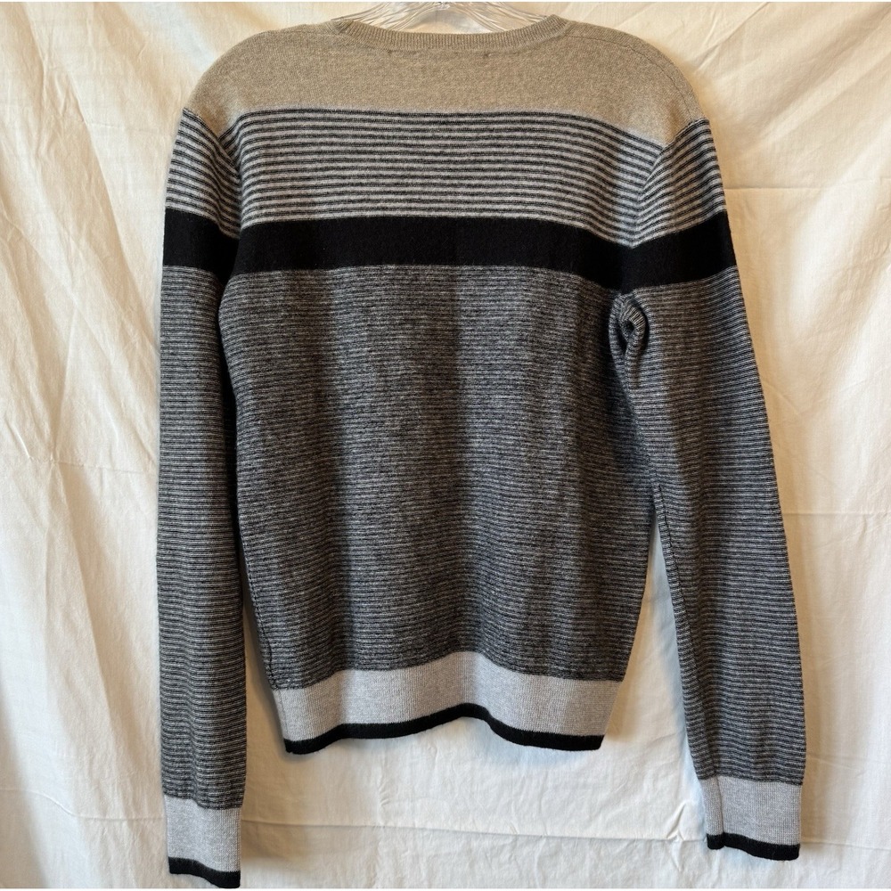 Saks Fifth Striped Gray Tan Sweater Extra Fine Merino Wool Pullover Crewneck Med - Picture 5 of 9